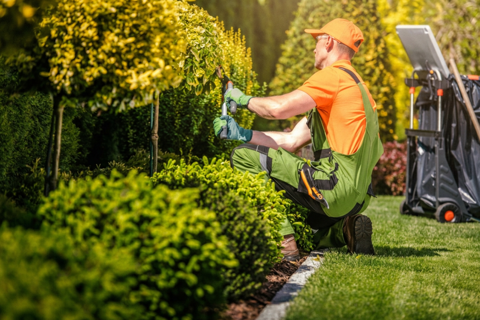 Professional landscaper trimming bushes and garden beds Austin TX